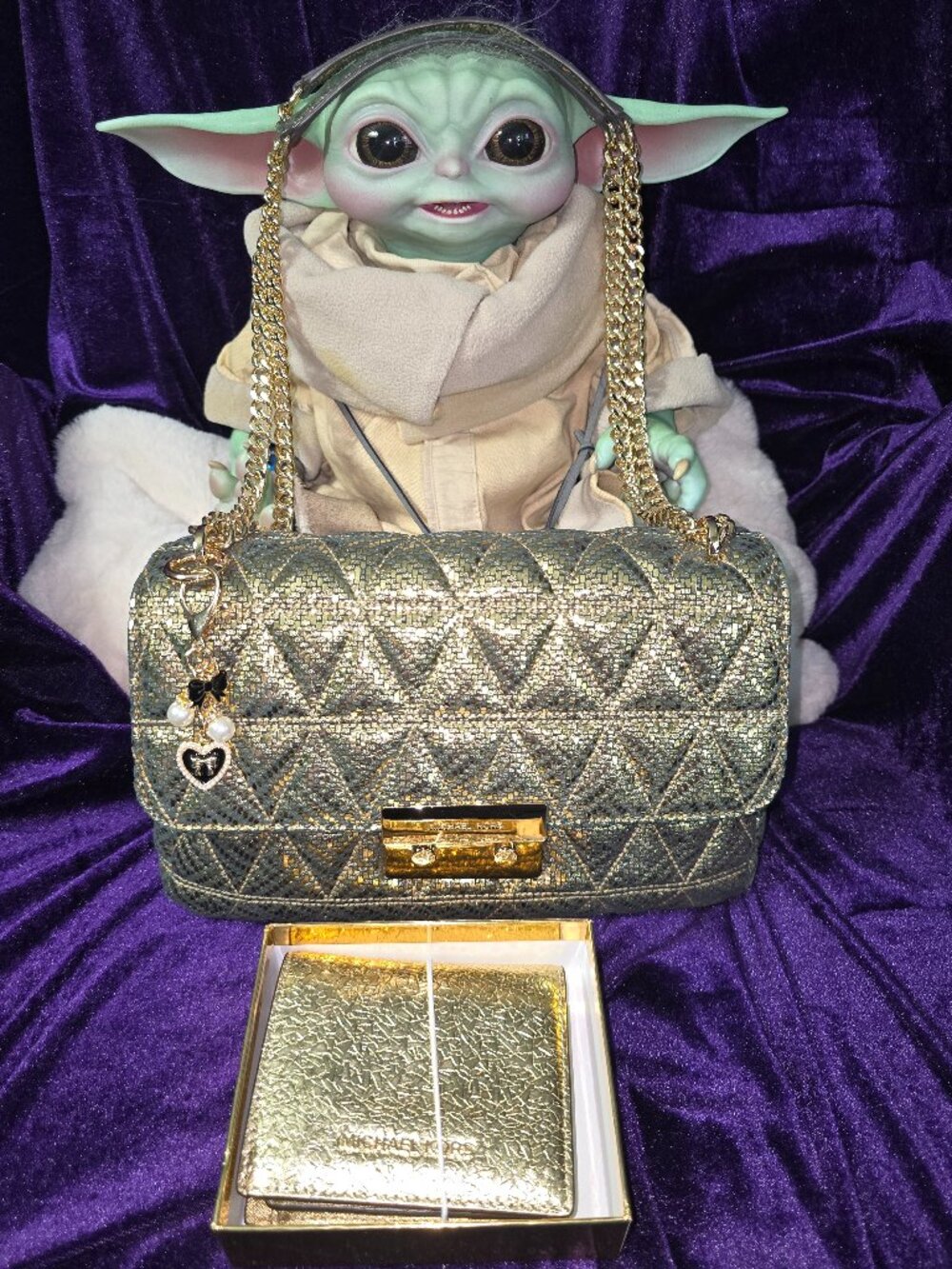 Michael Kors Damson Quilted Sloan Bag in Gold w/Kors Wallet